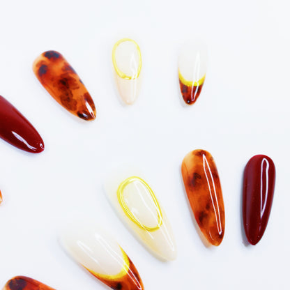 Amber Marble & Wine Red French Press-On Nails – Elegant Gold Outline Nail Set for Women