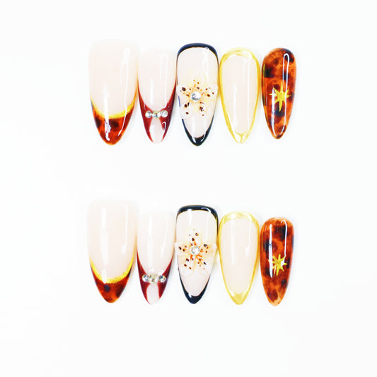 Amber Floral French Press-On Nails – Elegant Gold Edge Nail Set with Rhinestones and 3D Flower Design