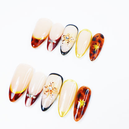 Amber Floral French Press-On Nails – Elegant Gold Edge Nail Set with Rhinestones and 3D Flower Design