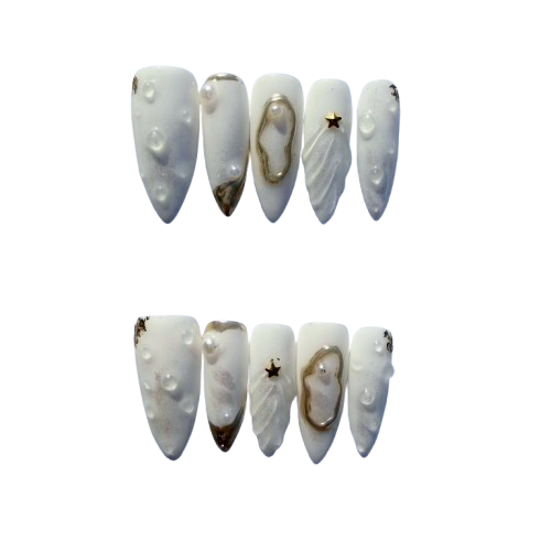 Luxury White Gold Sculpted Press-On Nails – 3D Pearl Shell Design for Elegant Goddess Look