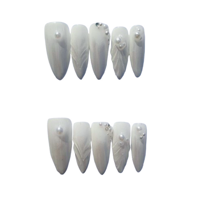 Pearl White 3D Press-On Nails – Iridescent Sculpted Nail Set with Minimal Pearl Accents