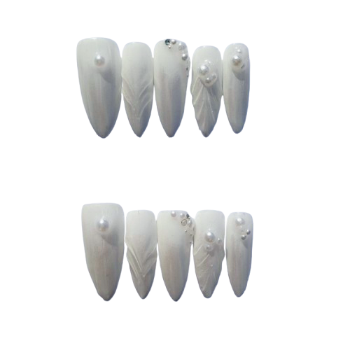 Pearl White 3D Press-On Nails – Iridescent Sculpted Nail Set with Minimal Pearl Accents