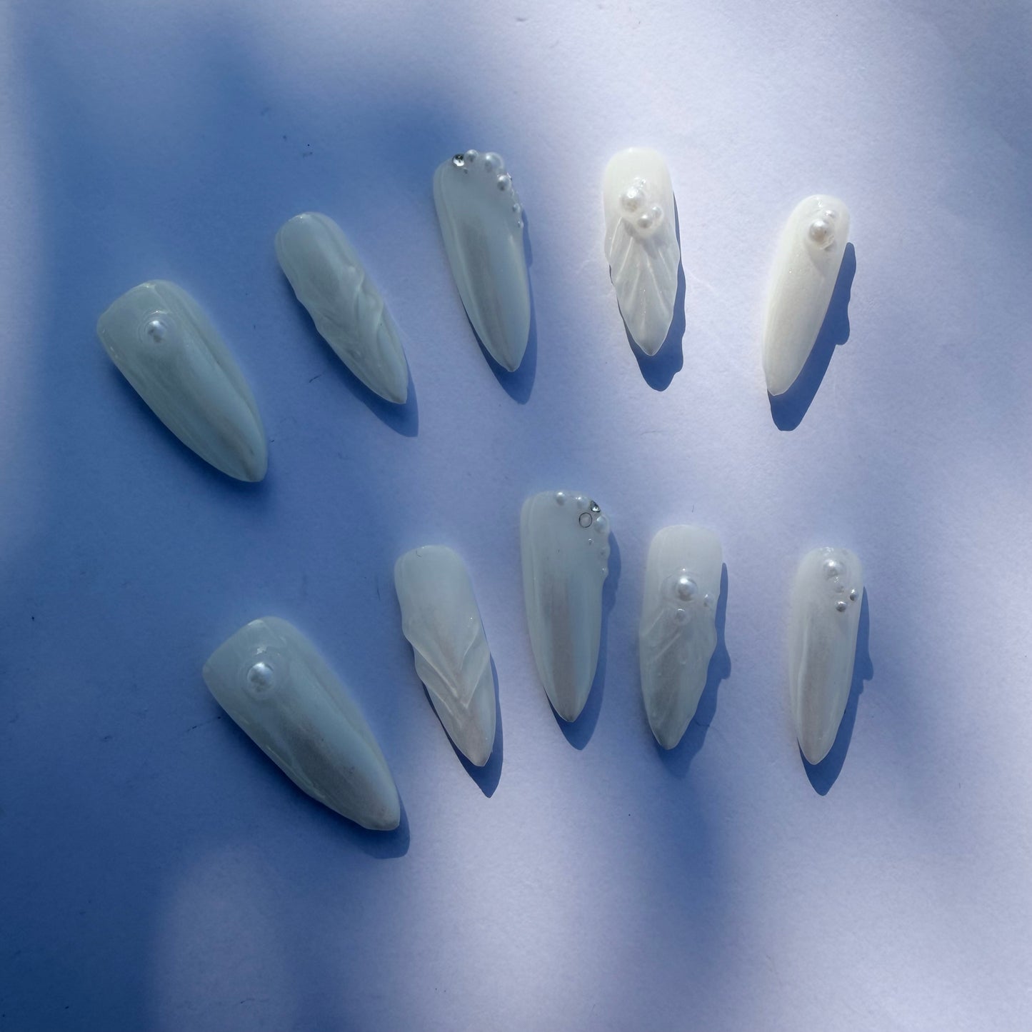 Pearl White 3D Press-On Nails – Iridescent Sculpted Nail Set with Minimal Pearl Accents