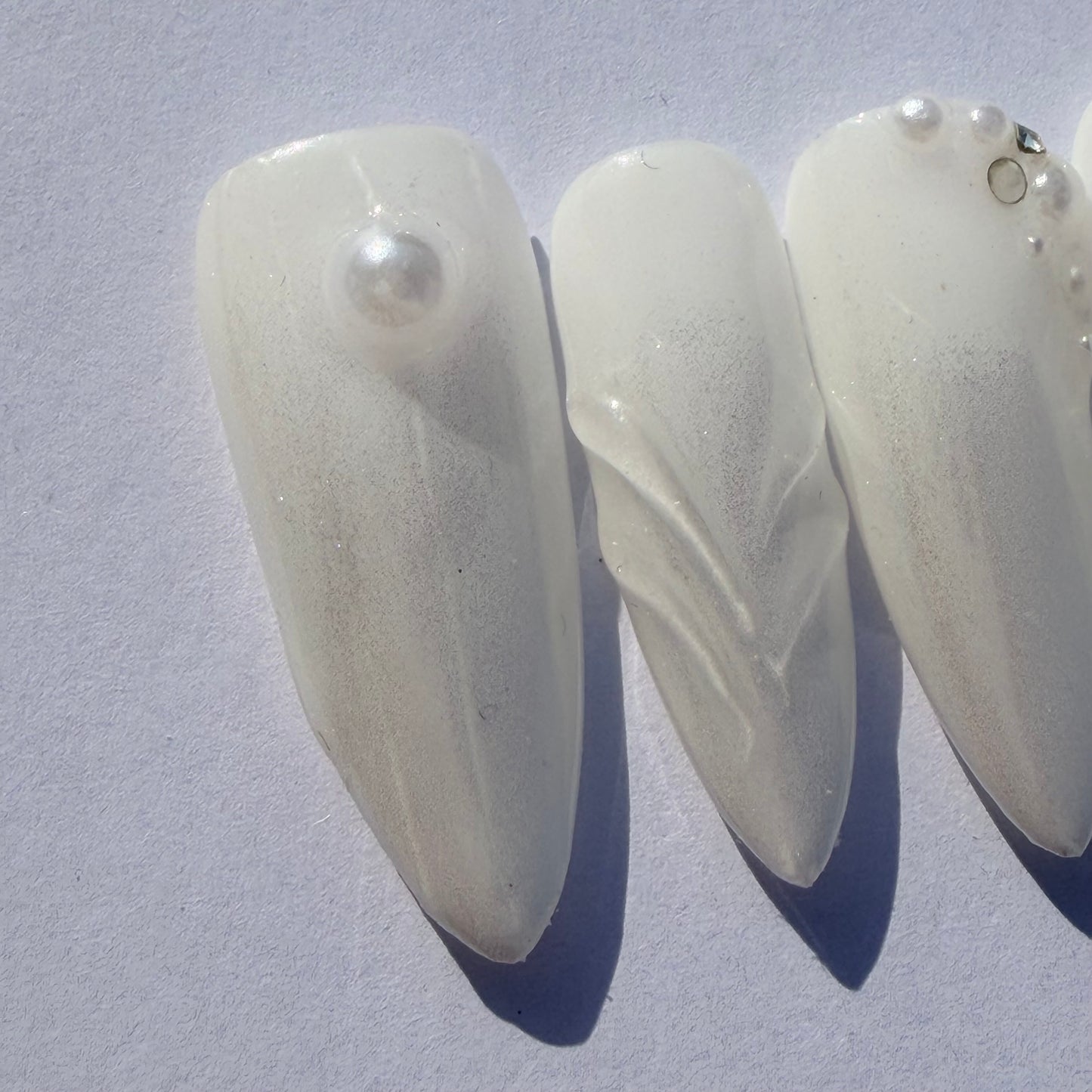 Pearl White 3D Press-On Nails – Iridescent Sculpted Nail Set with Minimal Pearl Accents