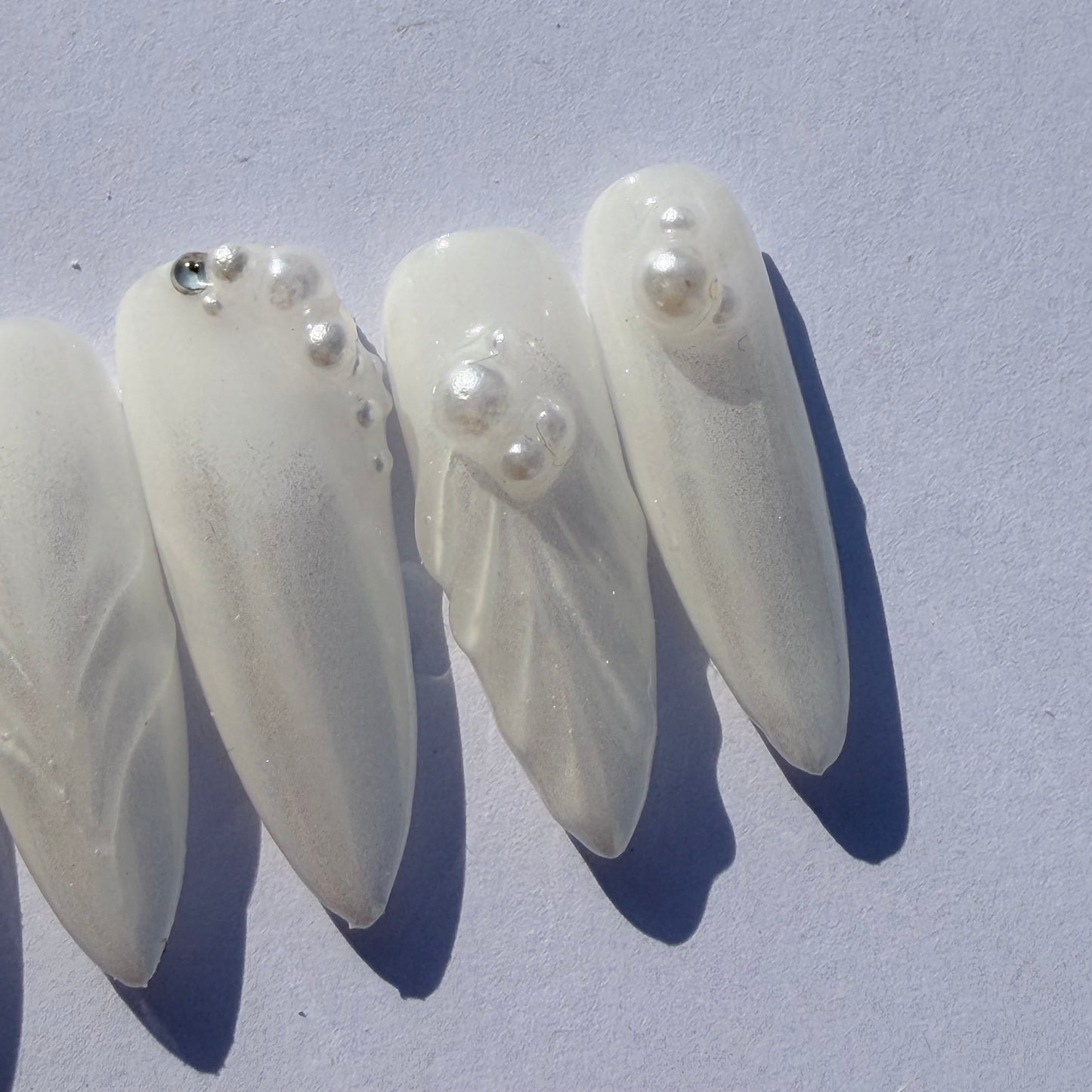 Pearl White 3D Press-On Nails – Iridescent Sculpted Nail Set with Minimal Pearl Accents
