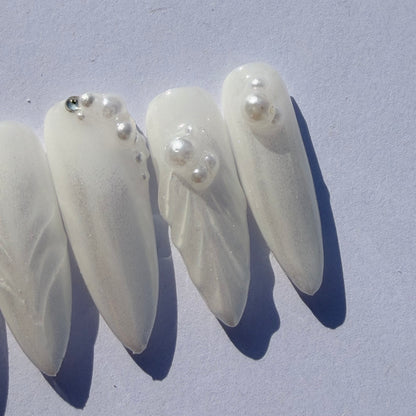 Pearl White 3D Press-On Nails – Iridescent Sculpted Nail Set with Minimal Pearl Accents