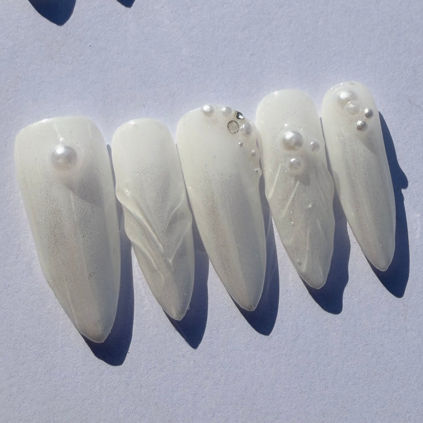 Pearl White 3D Press-On Nails – Iridescent Sculpted Nail Set with Minimal Pearl Accents