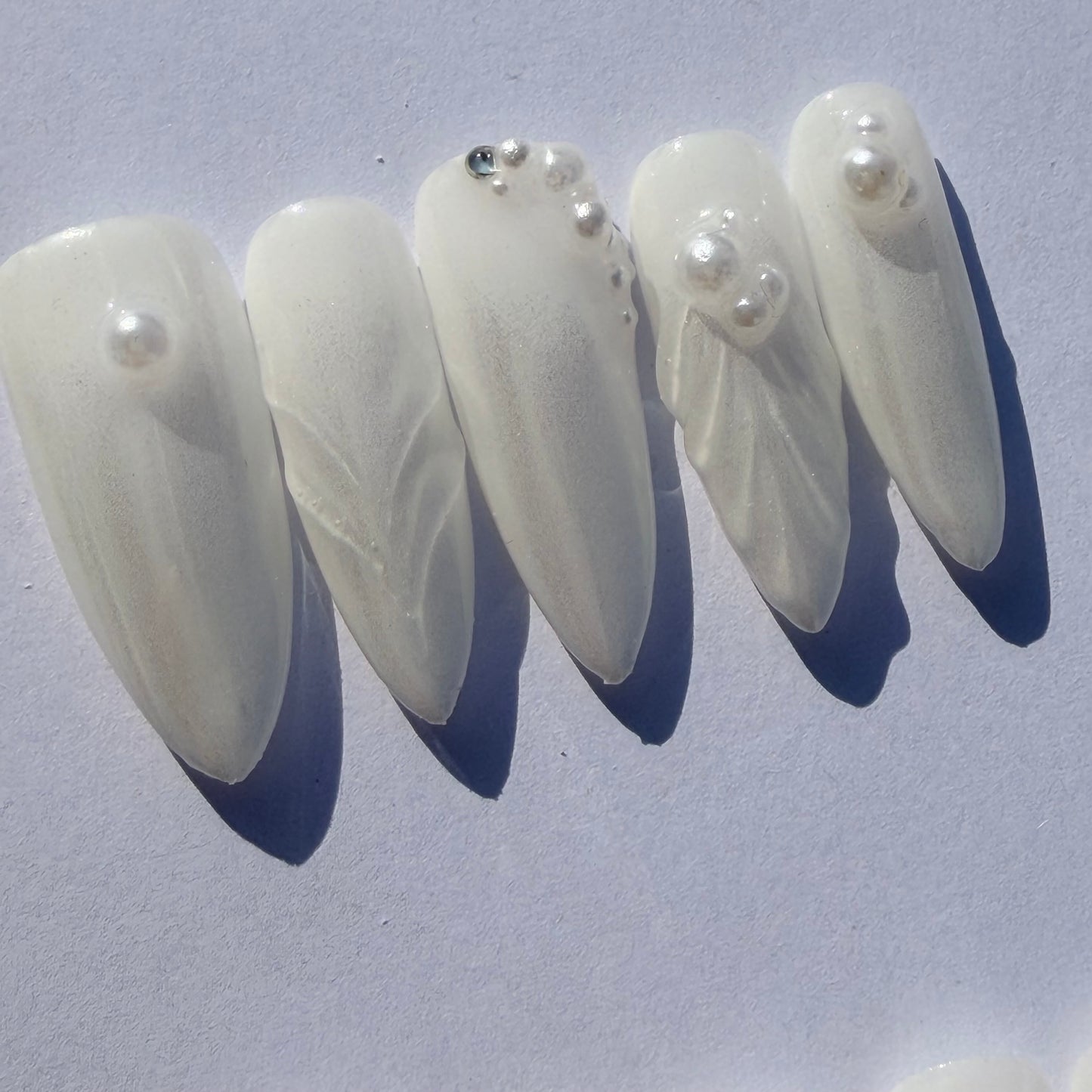 Pearl White 3D Press-On Nails – Iridescent Sculpted Nail Set with Minimal Pearl Accents