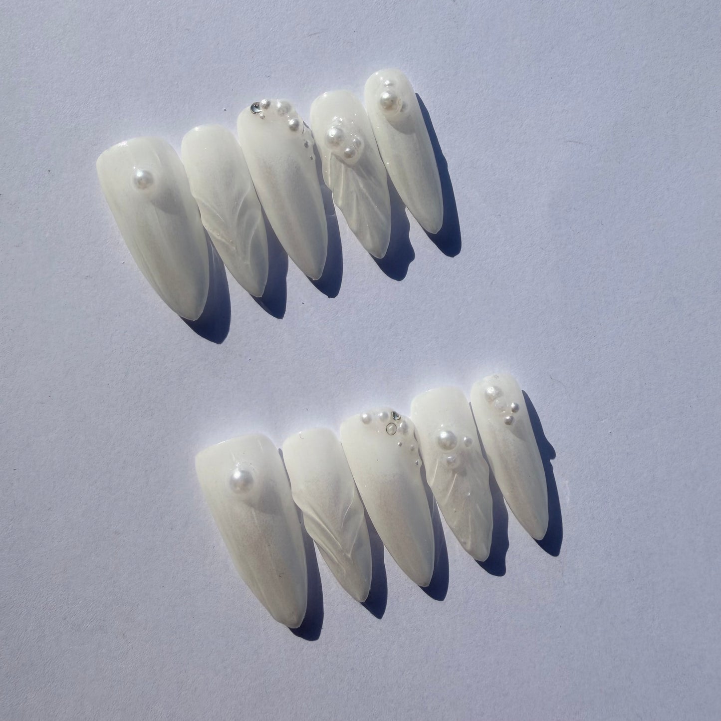 Pearl White 3D Press-On Nails – Iridescent Sculpted Nail Set with Minimal Pearl Accents