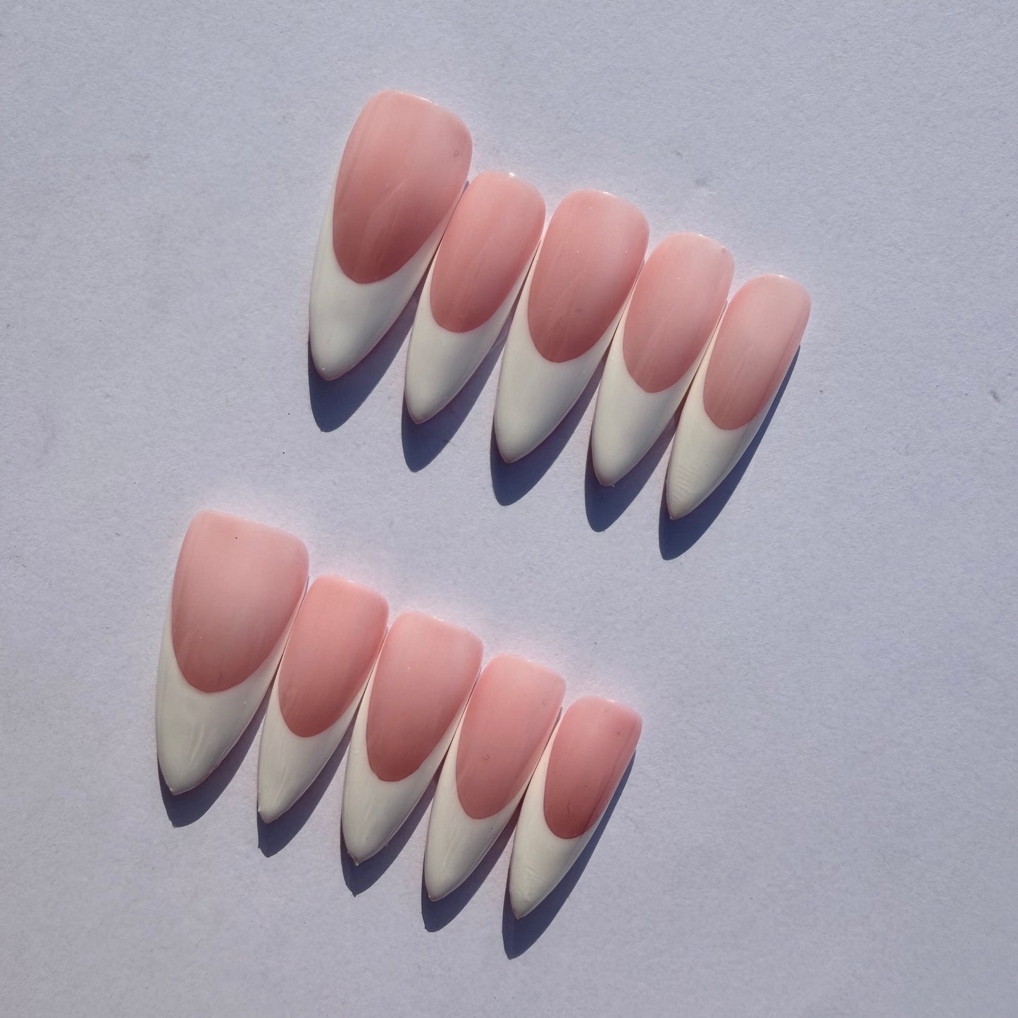 Soft Pink French Tip Press-On Nails – Classic Nude White Almond Nail Set for Everyday Chic