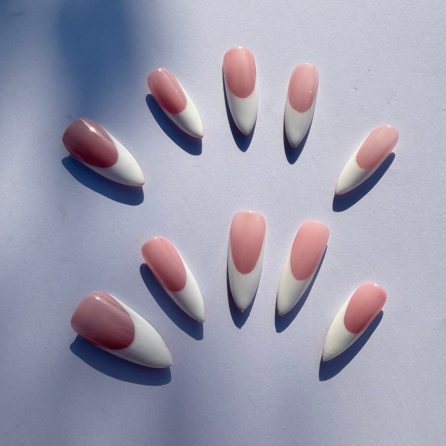 Soft Pink French Tip Press-On Nails – Classic Nude White Almond Nail Set for Everyday Chic