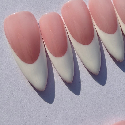 Soft Pink French Tip Press-On Nails – Classic Nude White Almond Nail Set for Everyday Chic