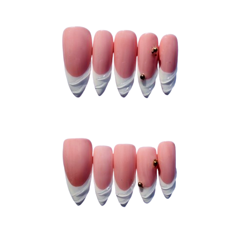 Pink Sculpted French Tip Press-On Nails – 3D White Swirl Tips with Gold Accents