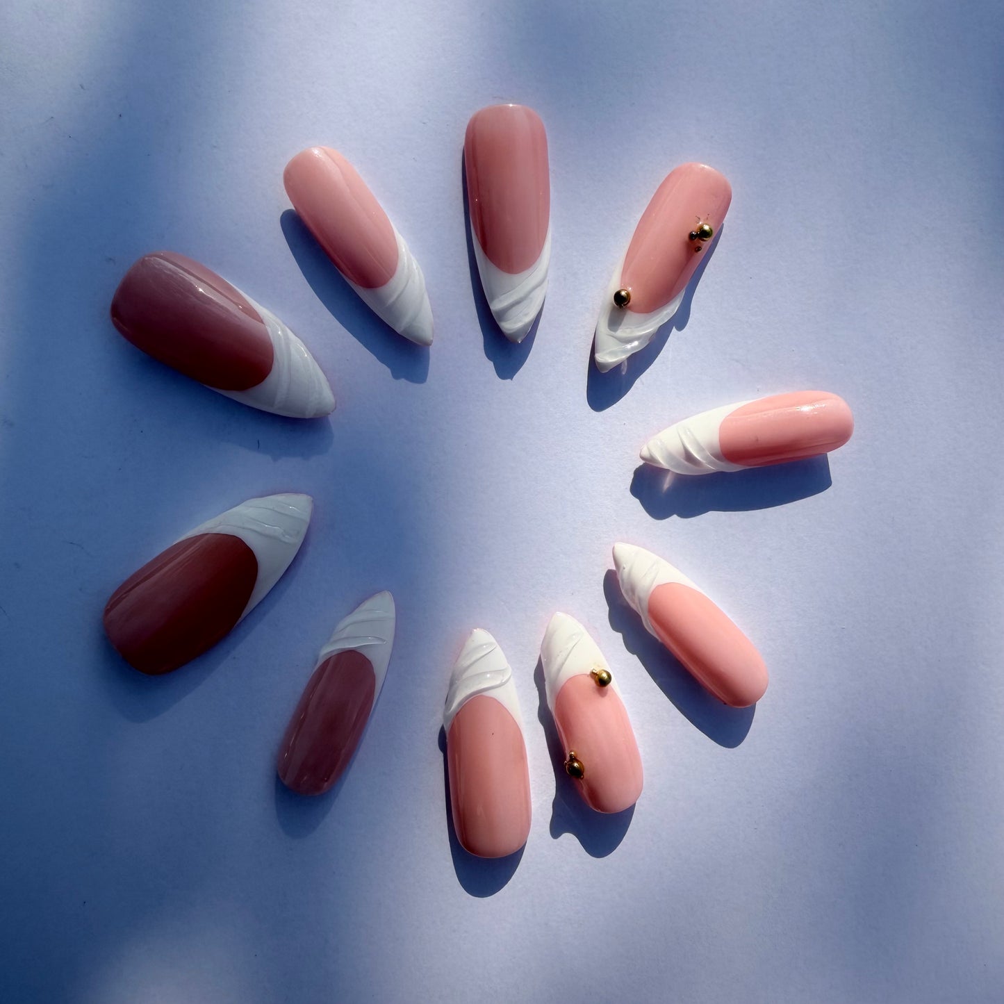 Pink Sculpted French Tip Press-On Nails – 3D White Swirl Tips with Gold Accents