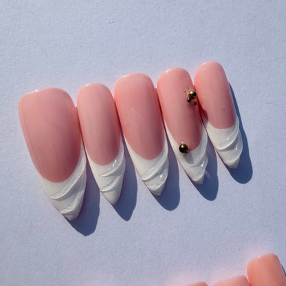 Pink Sculpted French Tip Press-On Nails – 3D White Swirl Tips with Gold Accents