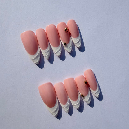 Pink Sculpted French Tip Press-On Nails – 3D White Swirl Tips with Gold Accents