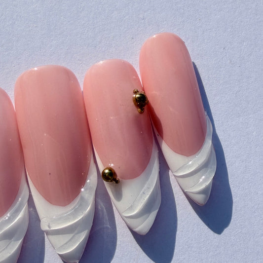 Pink Sculpted French Tip Press-On Nails – 3D White Swirl Tips with Gold Accents