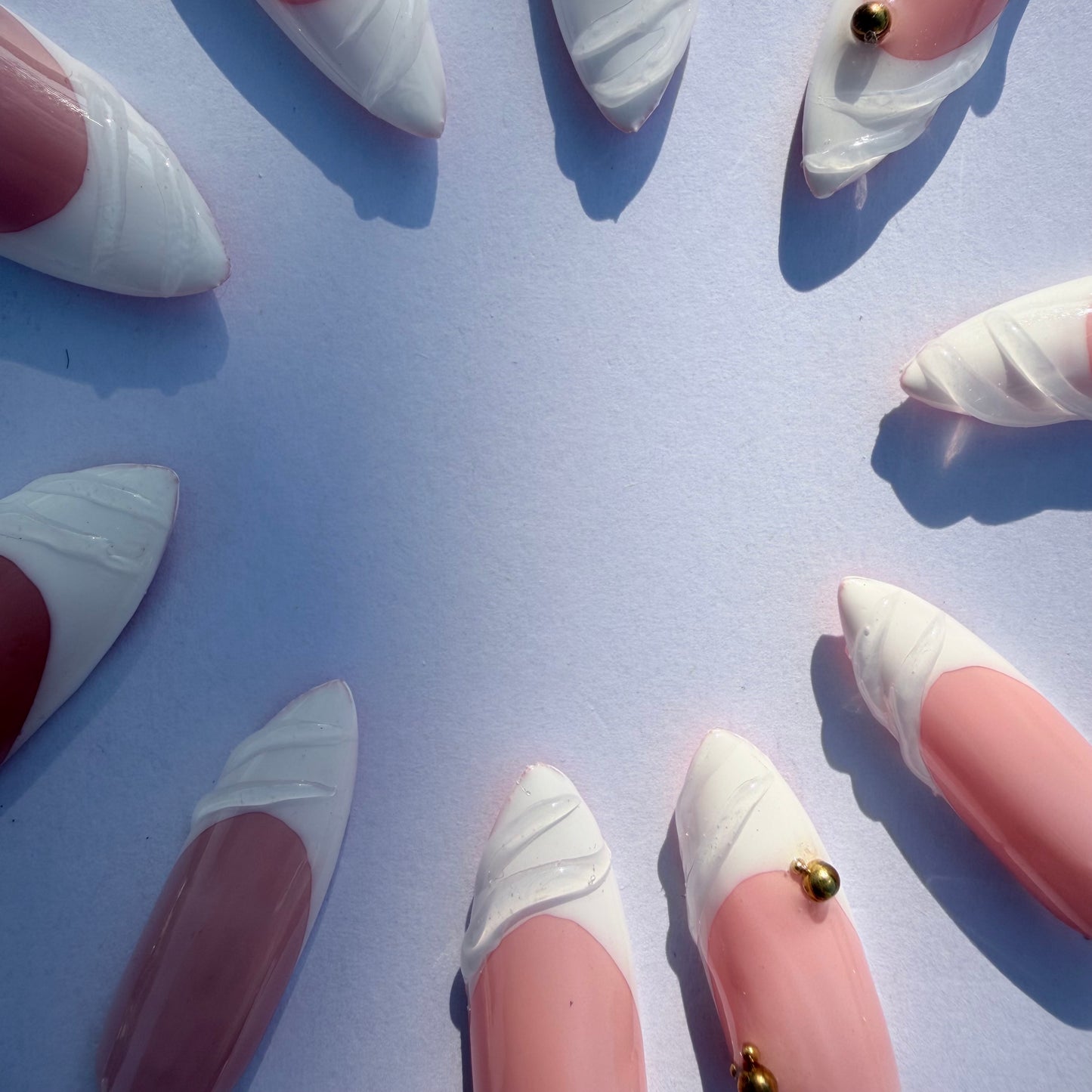 Pink Sculpted French Tip Press-On Nails – 3D White Swirl Tips with Gold Accents