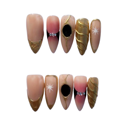 Nude Gold Sculpted Press-On Nails – Luxury Celestial Nail Set with 3D Metallic Details