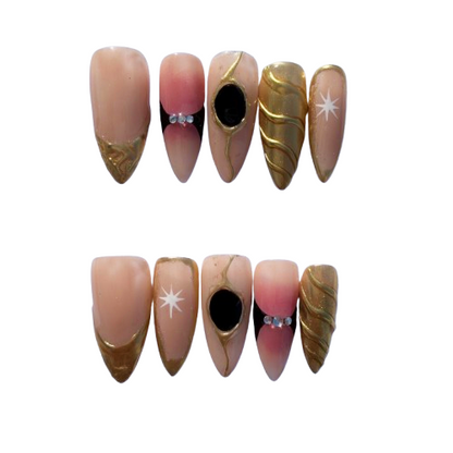 Nude Gold Sculpted Press-On Nails – Luxury Celestial Nail Set with 3D Metallic Details