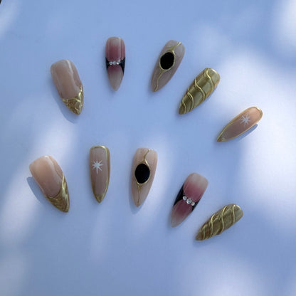 Nude Gold Sculpted Press-On Nails – Luxury Celestial Nail Set with 3D Metallic Details