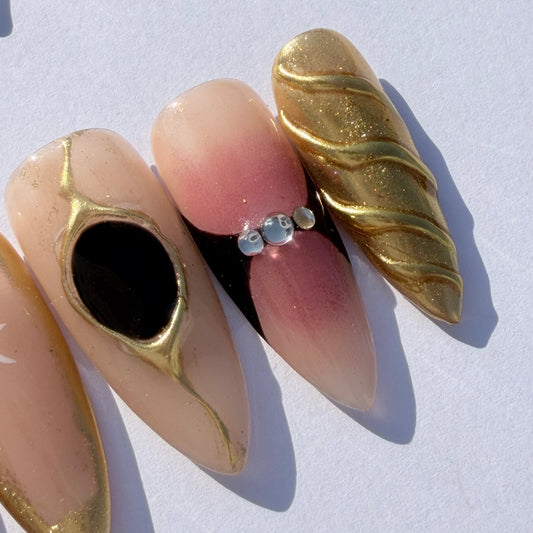 Nude Gold Sculpted Press-On Nails – Luxury Celestial Nail Set with 3D Metallic Details