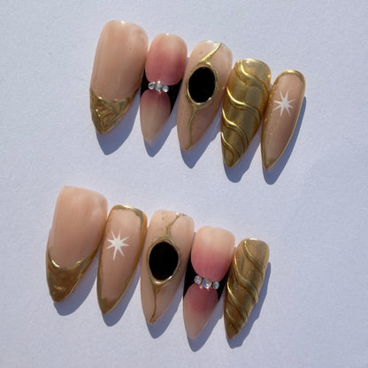 Nude Gold Sculpted Press-On Nails – Luxury Celestial Nail Set with 3D Metallic Details
