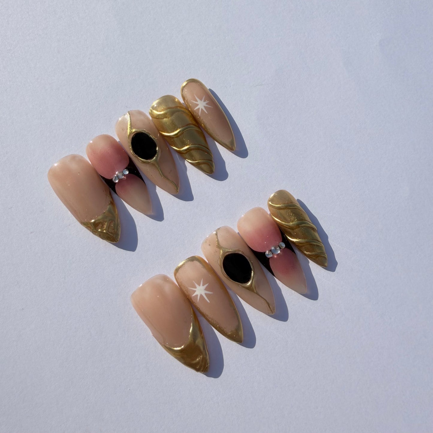 Nude Gold Sculpted Press-On Nails – Luxury Celestial Nail Set with 3D Metallic Details