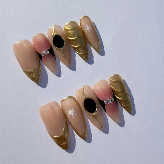 Nude Gold Sculpted Press-On Nails – Luxury Celestial Nail Set with 3D Metallic Details