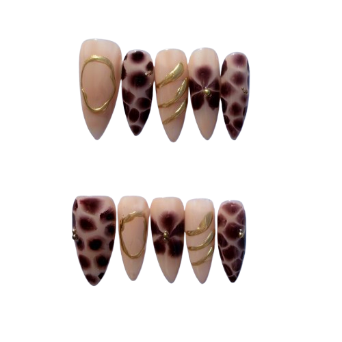Nude Brown Leopard Press-On Nails – Chic Animal Print Nail Set with Gold Accents