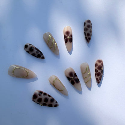 Nude Brown Leopard Press-On Nails – Chic Animal Print Nail Set with Gold Accents