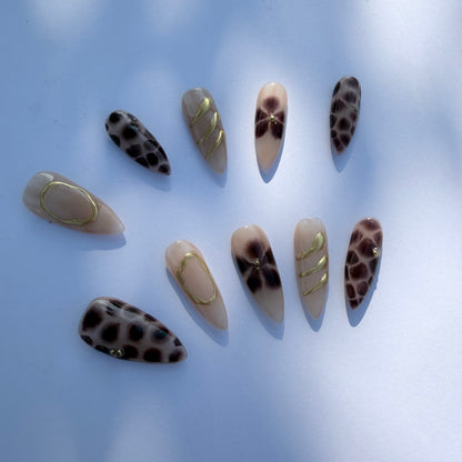 Nude Brown Leopard Press-On Nails – Chic Animal Print Nail Set with Gold Accents