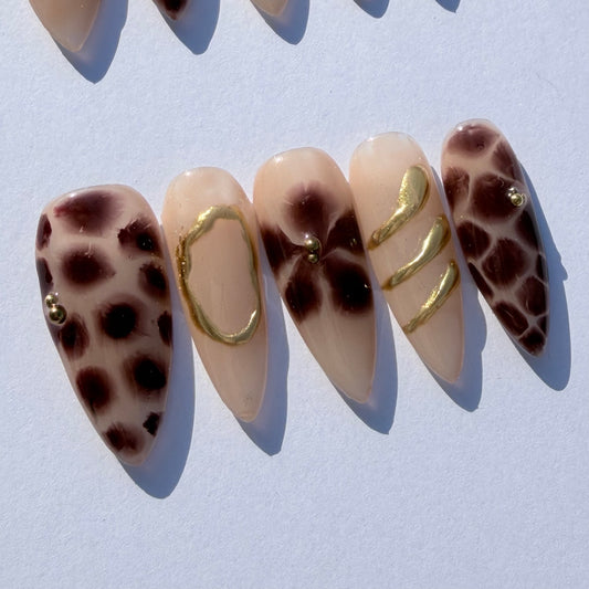 Nude Brown Leopard Press-On Nails – Chic Animal Print Nail Set with Gold Accents