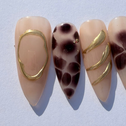 Nude Brown Leopard Press-On Nails – Chic Animal Print Nail Set with Gold Accents