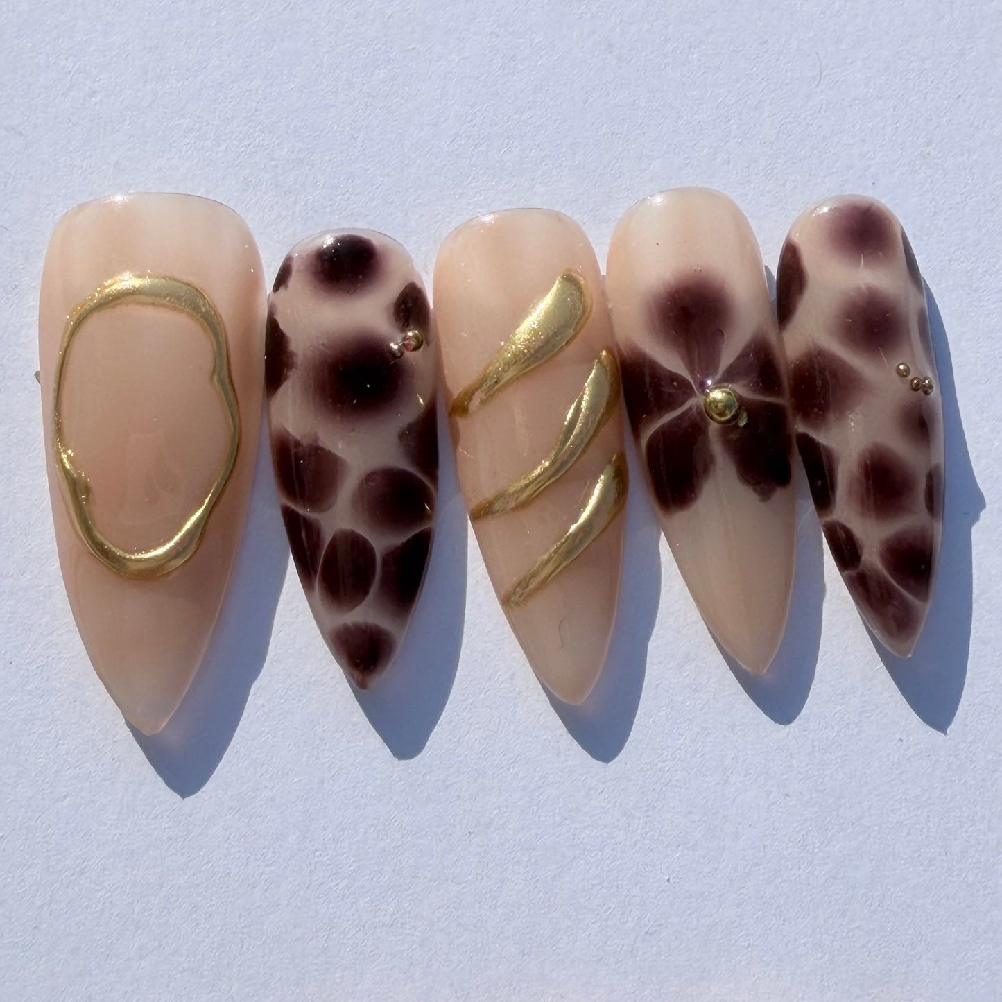 Nude Brown Leopard Press-On Nails – Chic Animal Print Nail Set with Gold Accents