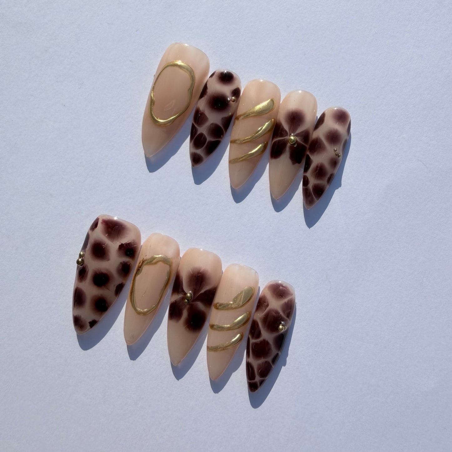 Nude Brown Leopard Press-On Nails – Chic Animal Print Nail Set with Gold Accents