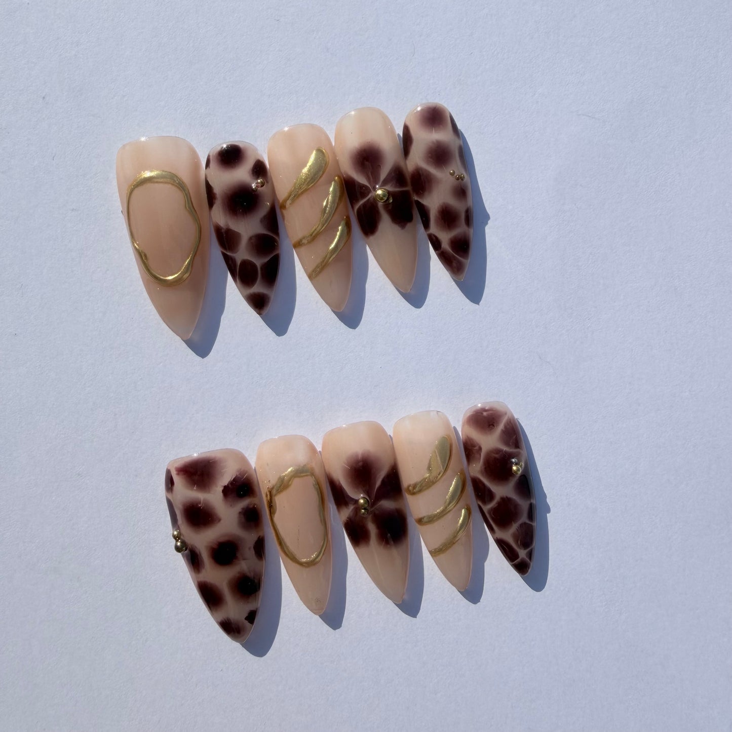 Nude Brown Leopard Press-On Nails – Chic Animal Print Nail Set with Gold Accents
