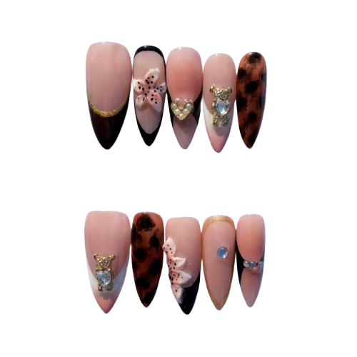Nude French Leopard Press-On Nails – 3D Floral & Crystal Charm Nail Set for Chic Mixed Aesthetic