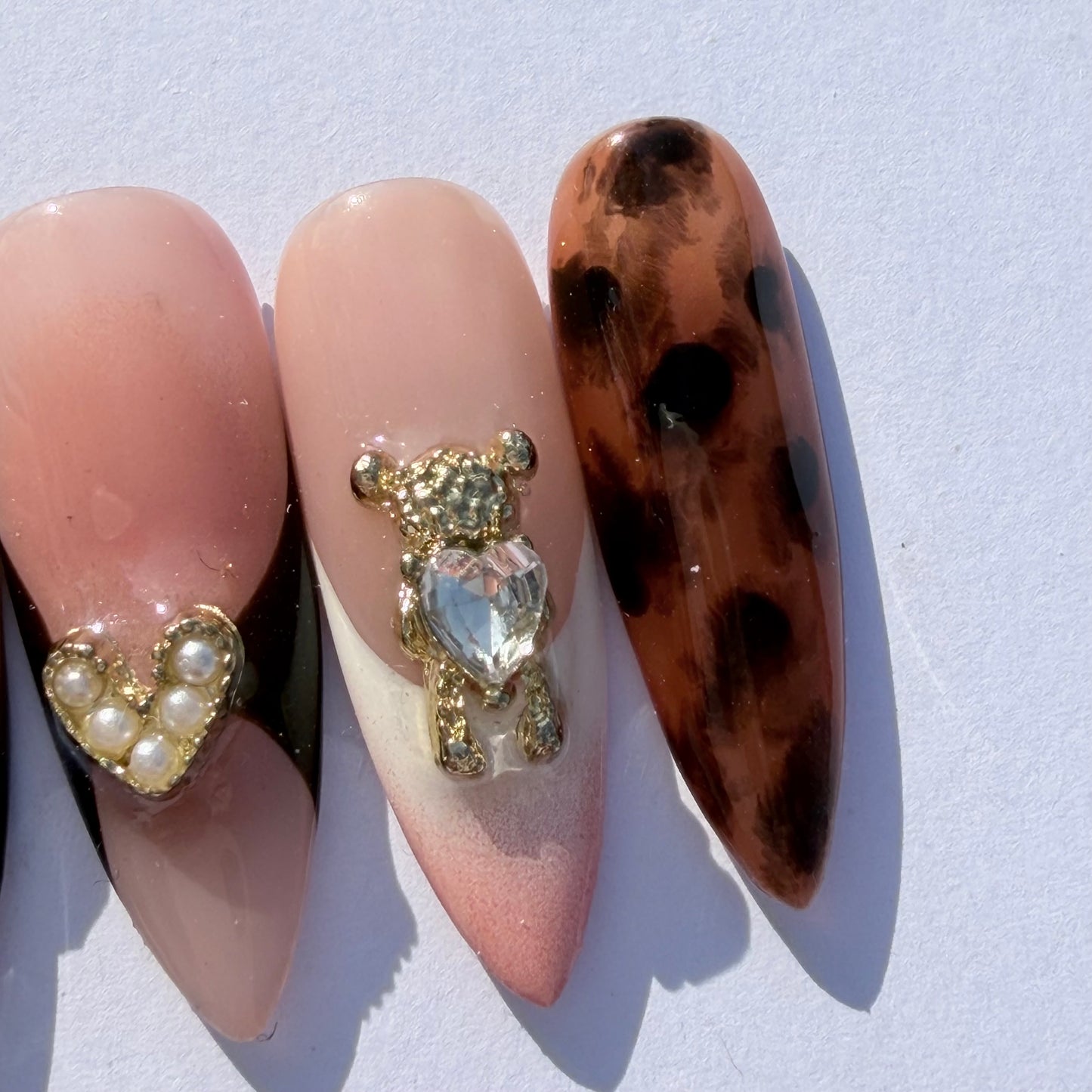 Nude French Leopard Press-On Nails – 3D Floral & Crystal Charm Nail Set for Chic Mixed Aesthetic