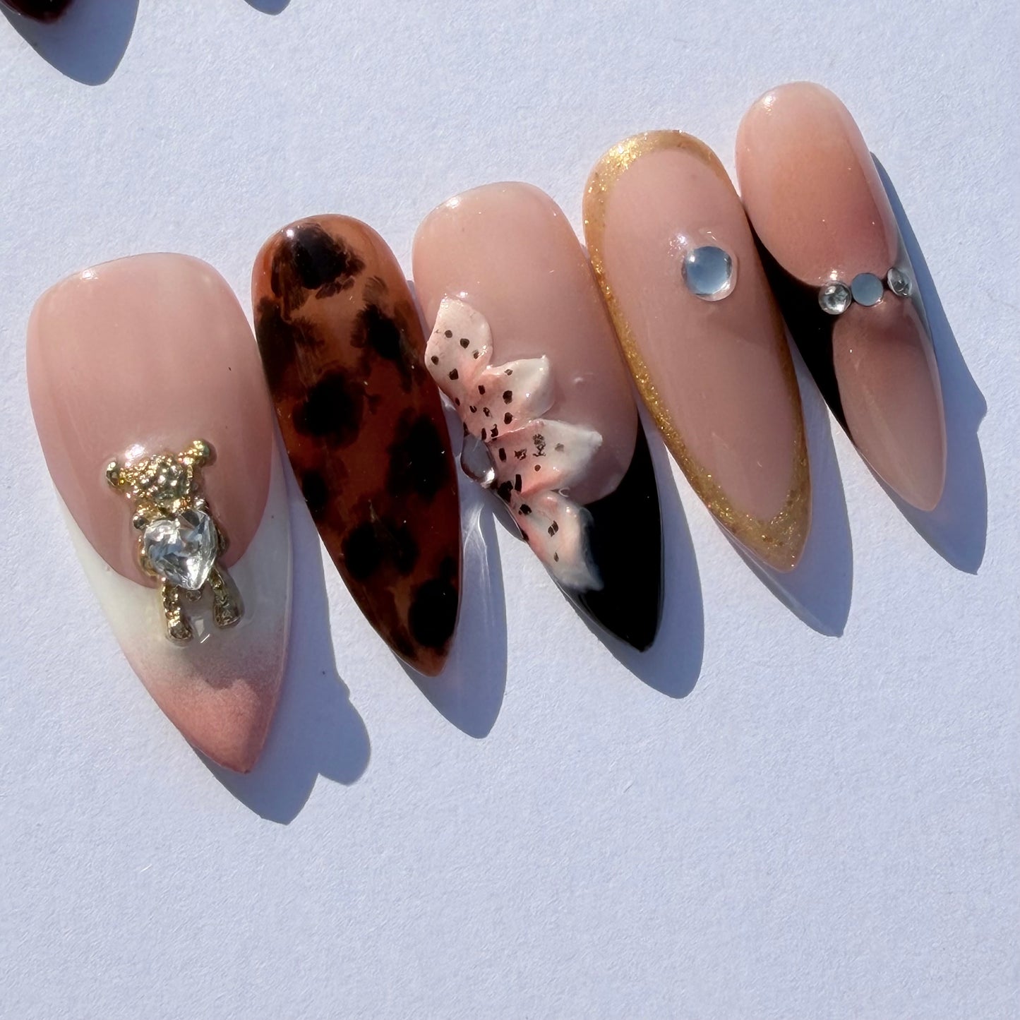 Nude French Leopard Press-On Nails – 3D Floral & Crystal Charm Nail Set for Chic Mixed Aesthetic