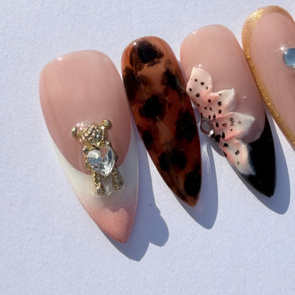 Nude French Leopard Press-On Nails – 3D Floral & Crystal Charm Nail Set for Chic Mixed Aesthetic