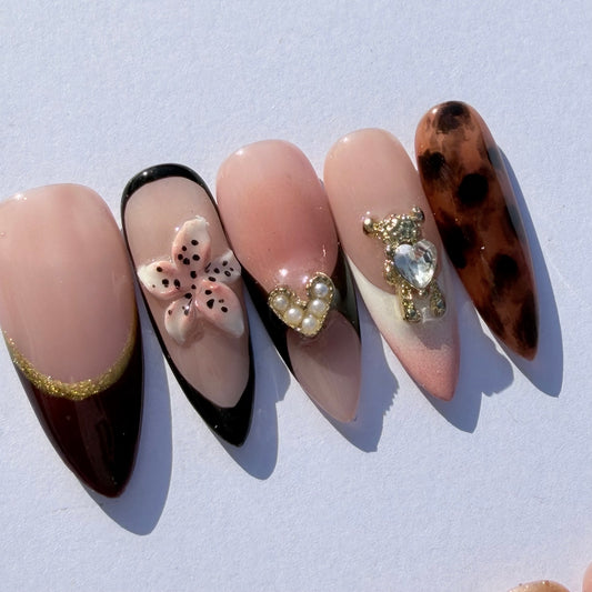 Nude French Leopard Press-On Nails – 3D Floral & Crystal Charm Nail Set for Chic Mixed Aesthetic