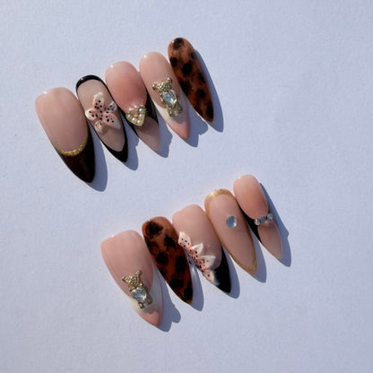 Nude French Leopard Press-On Nails – 3D Floral & Crystal Charm Nail Set for Chic Mixed Aesthetic