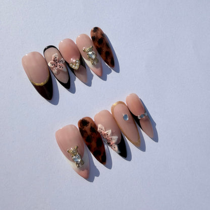 Nude French Leopard Press-On Nails – 3D Floral & Crystal Charm Nail Set for Chic Mixed Aesthetic