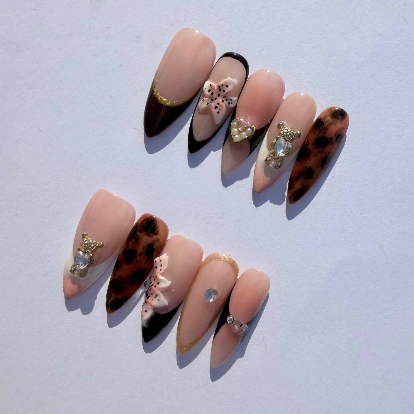 Nude French Leopard Press-On Nails – 3D Floral & Crystal Charm Nail Set for Chic Mixed Aesthetic