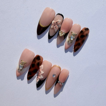 Nude French Leopard Press-On Nails – 3D Floral & Crystal Charm Nail Set for Chic Mixed Aesthetic