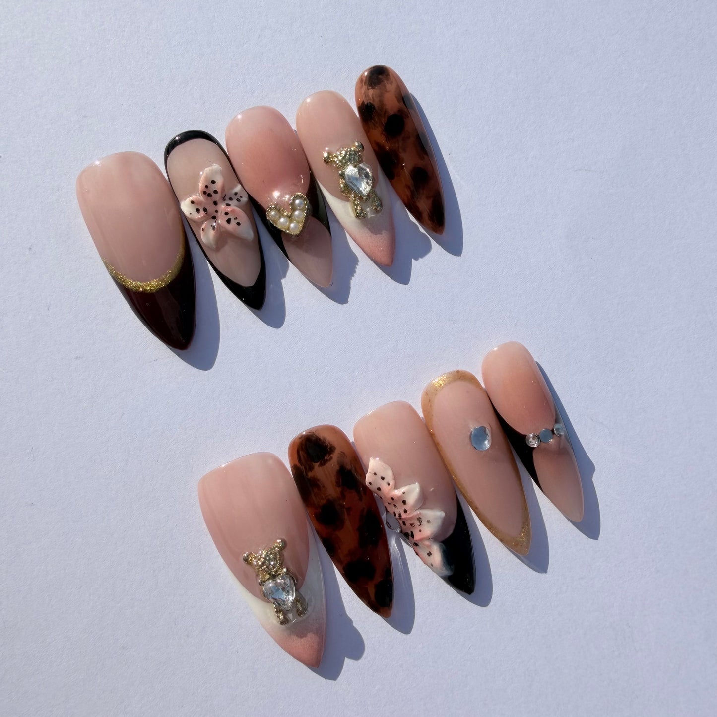 Nude French Leopard Press-On Nails – 3D Floral & Crystal Charm Nail Set for Chic Mixed Aesthetic