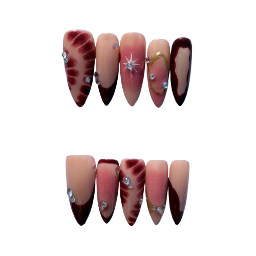 Starburst Burgundy Gradient Press-On Nails with Rhinestones