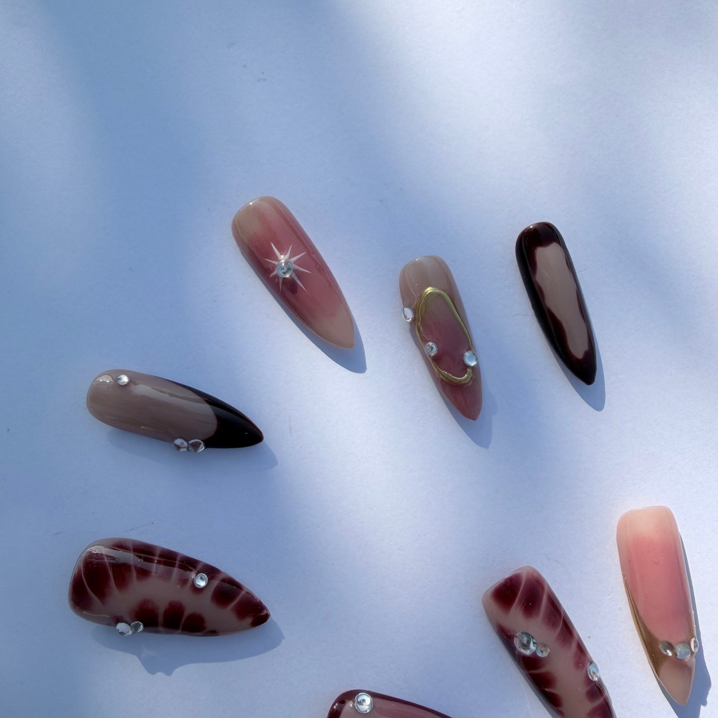 Starburst Burgundy Gradient Press-On Nails with Rhinestones