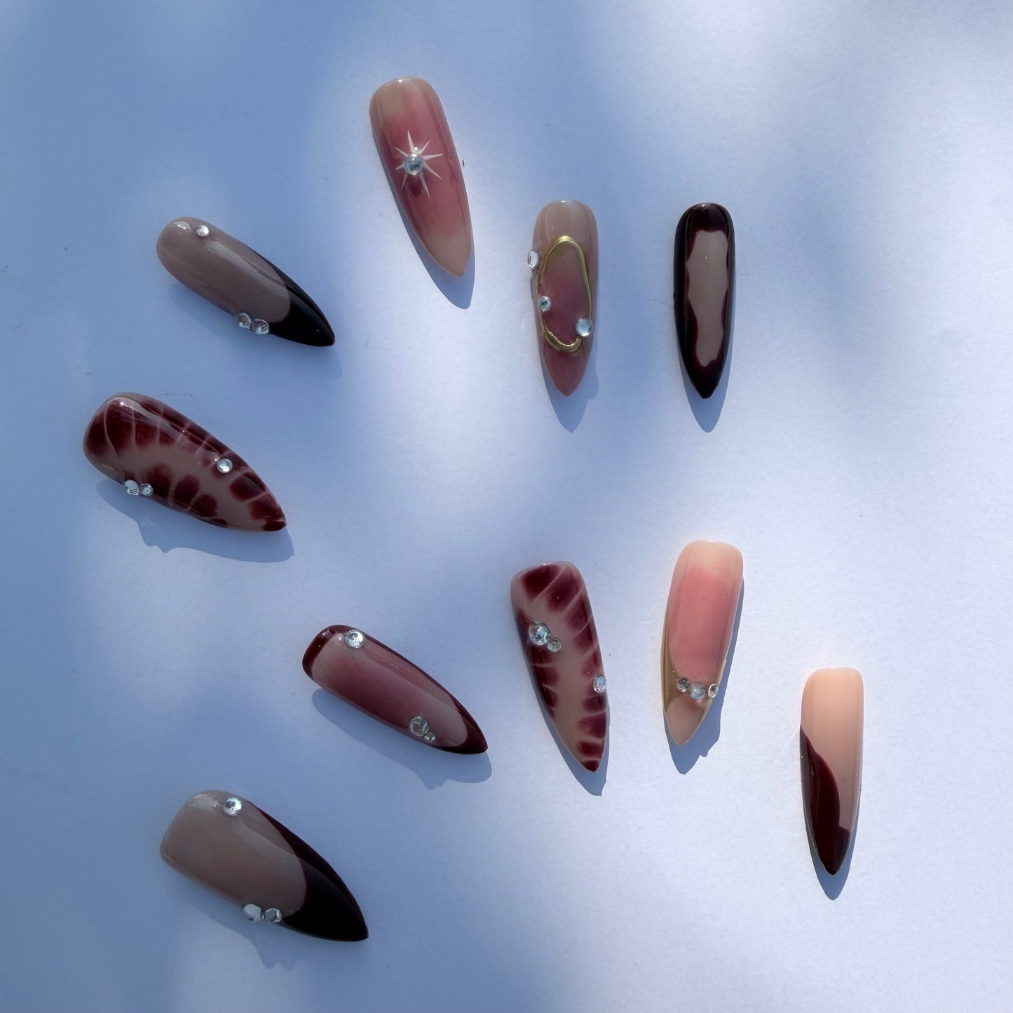 Starburst Burgundy Gradient Press-On Nails with Rhinestones